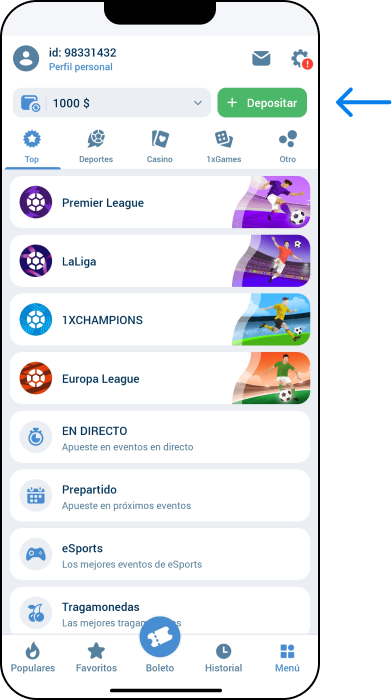 Métodos disponibles para depositar en la cuenta 1XBet